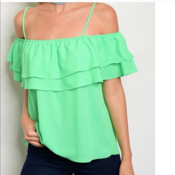 Green Off the Shoulder Ruffle Top - Picture 3 of 4
